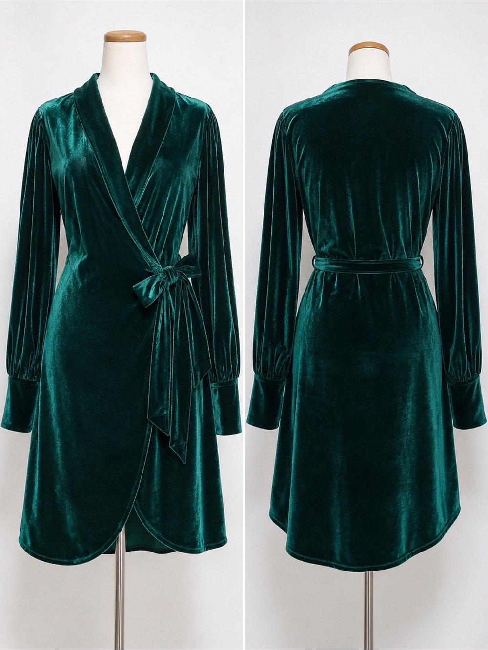 NWT NY&C Emerald Green Velvet Wrap Dress Long Sleeve Tie Waist Large L